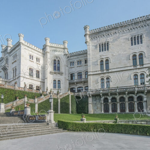 Exterior of Miramare Castle with lawns and steps, Trieste, Italy. Exterior of Miramare Castle with lawns and steps, Trieste, Italy.