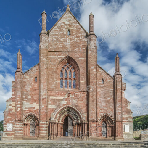 Exterior of St Magnus Cathedral, ornate red sandstone church. Exterior of St Magnus Cathedral, ornate red sandstone church.