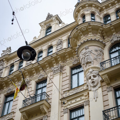 Exterior view of historic buildings in Riga, a low angle view, architectural landmarks. Exterior view of historic buildings in Riga, a low angle view, architectural landmarks.