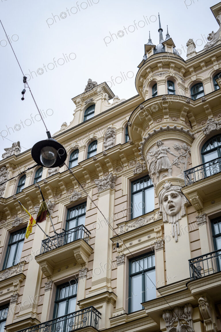 Exterior view of historic buildings in Riga, a low angle view, architectural landmarks.