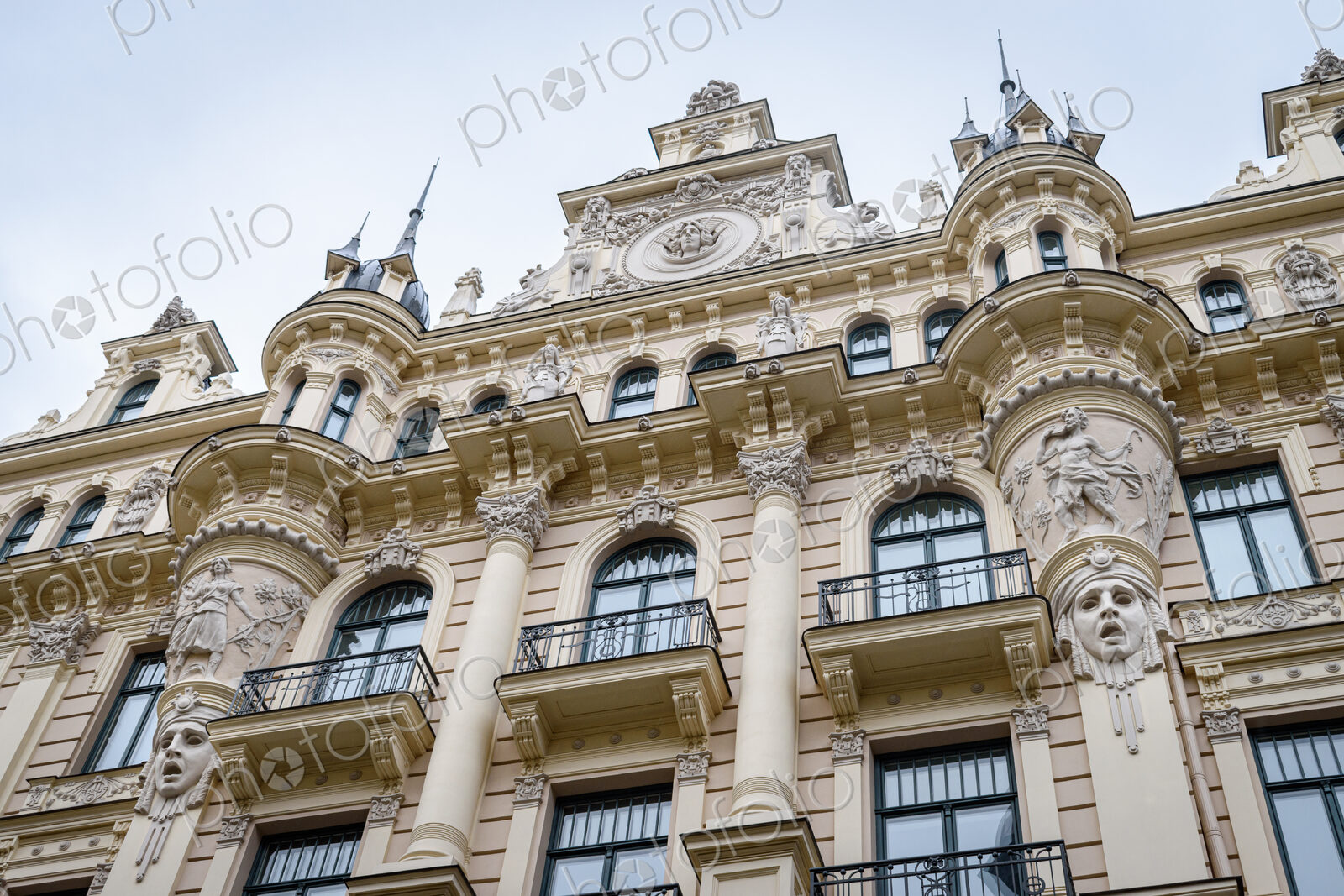 Exterior view of historic buildings in Riga, a low angle view, architectural landmarks.