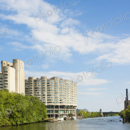 Exterior view of riverside apartment buildings in Chicago, Illinois, USA. Exterior view of riverside apartment buildings in Chicago, Illinois, USA.