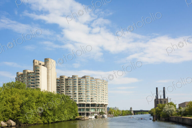 Exterior view of riverside apartment buildings in Chicago, Illinois, USA.
