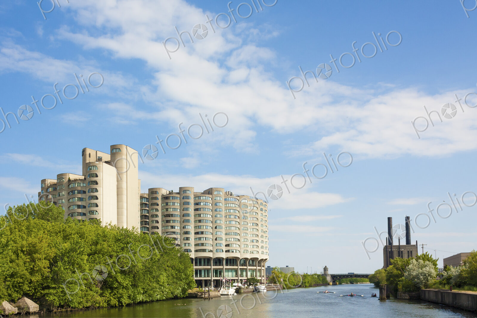 Exterior view of riverside apartment buildings in Chicago, Illinois, USA.