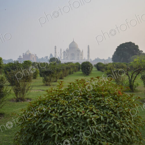 Exterior view of the Taj Mahal palace and mauseleum, a UNESCO world heritage site,…