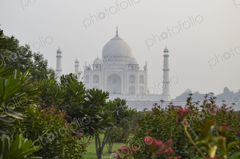 Exterior view of the Taj Mahal palace and mausoleum, a UNESCO world heritage site,