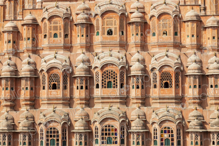 Facade of 18th century Indian palace with enclosed balconies