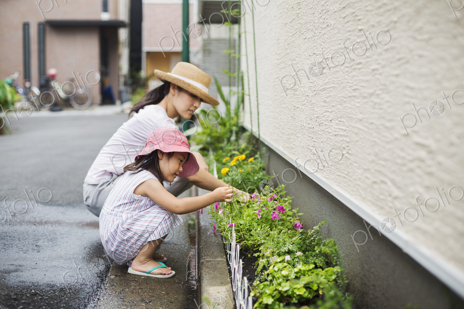 Family home. A woman and her daughter tending plants in a narrow strip of soil.