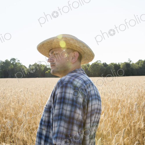 Farmer in a checked shirt and hat in a cornfield Farmer in a checked shirt and hat in a cornfield