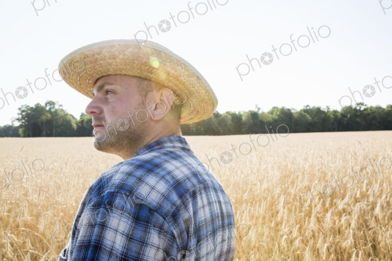 Farmer in a checked shirt and hat in a cornfield