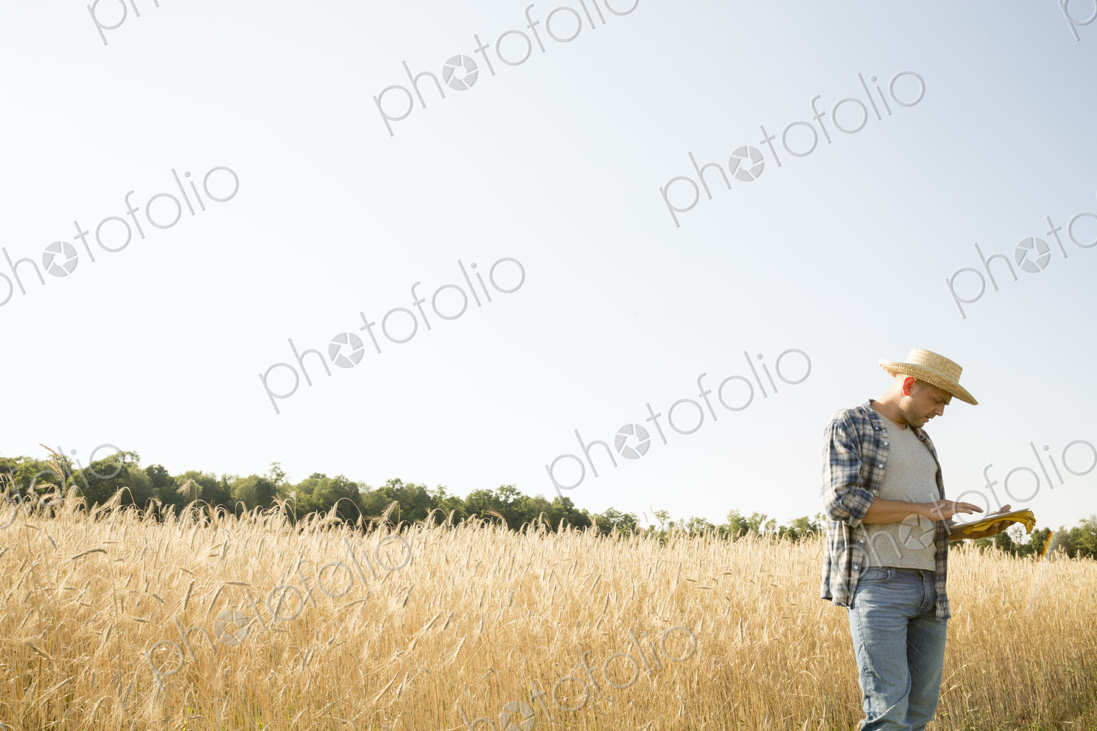 Farmer in jeans and straw hat, using a digital tablet