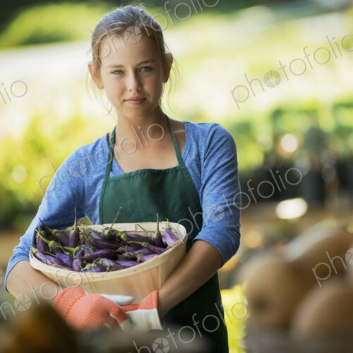 Farmer with Organic Japanese Eggplant just harvested