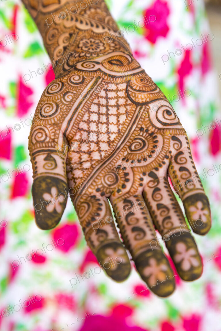 Female hand covered in Henna tattoos
