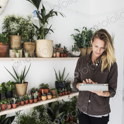 Female owner of plant shop standing next to a selection of plants on wooden shelves,… Female owner of plant shop standing next to a selection of plants on wooden shelves,…