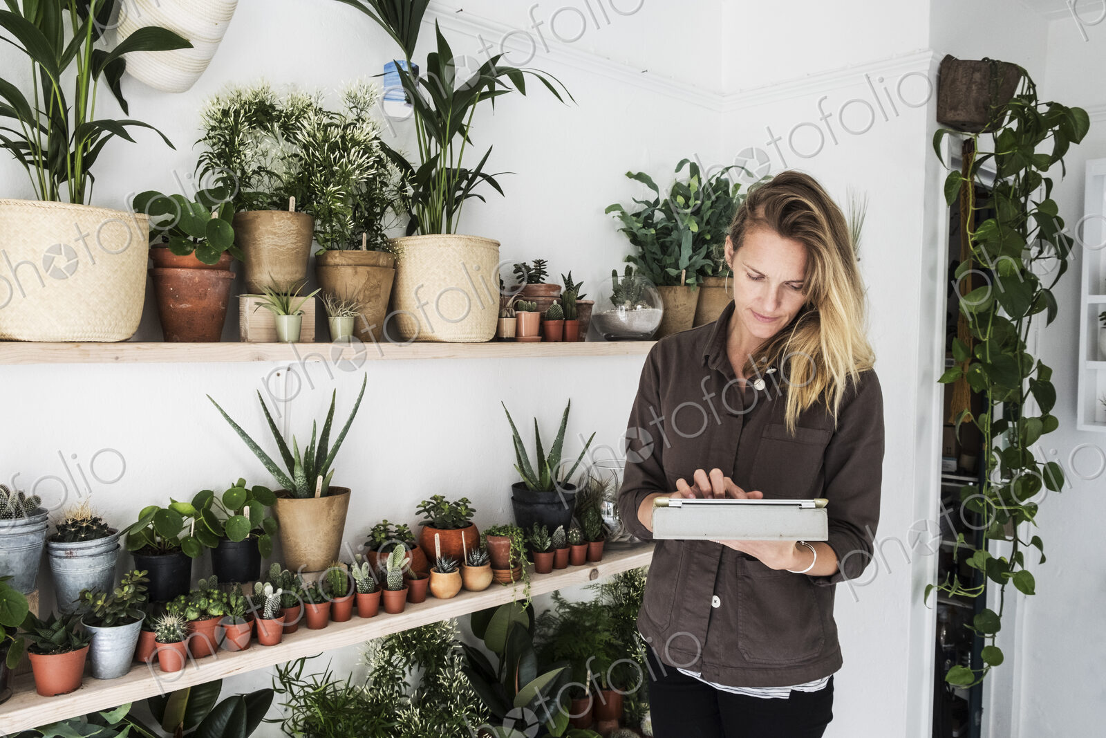Female owner of plant shop standing next to a selection of plants on wooden shelves,…
