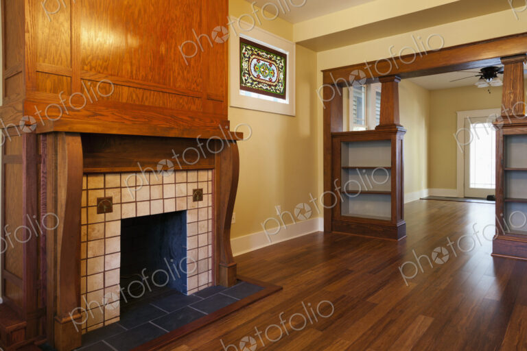 Fireplace and bookshelves in living room