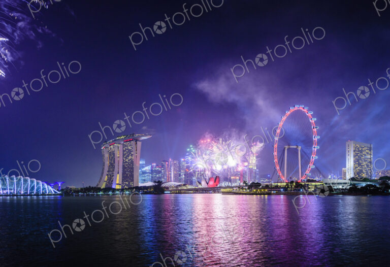 Fireworks over Singapore city skyline, Singapore, Singapore