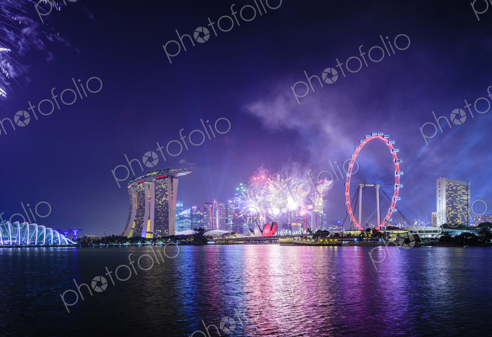 Fireworks over Singapore city skyline, Singapore, Singapore