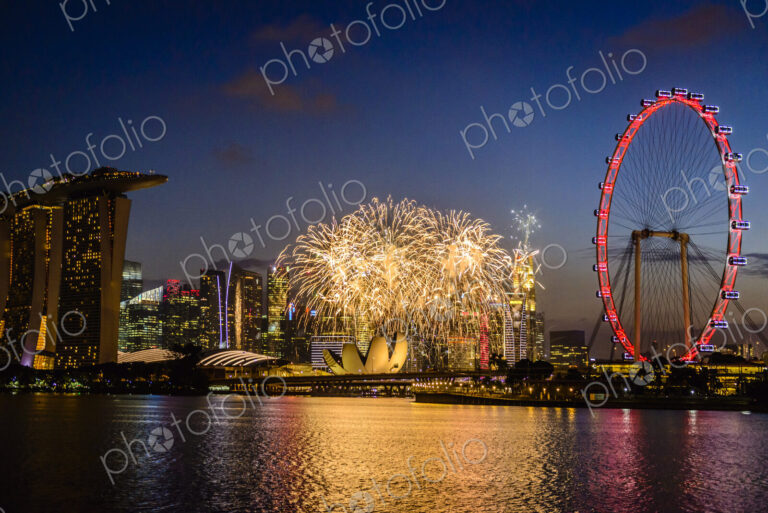 Fireworks over Singapore city skyline, Singapore, Singapore