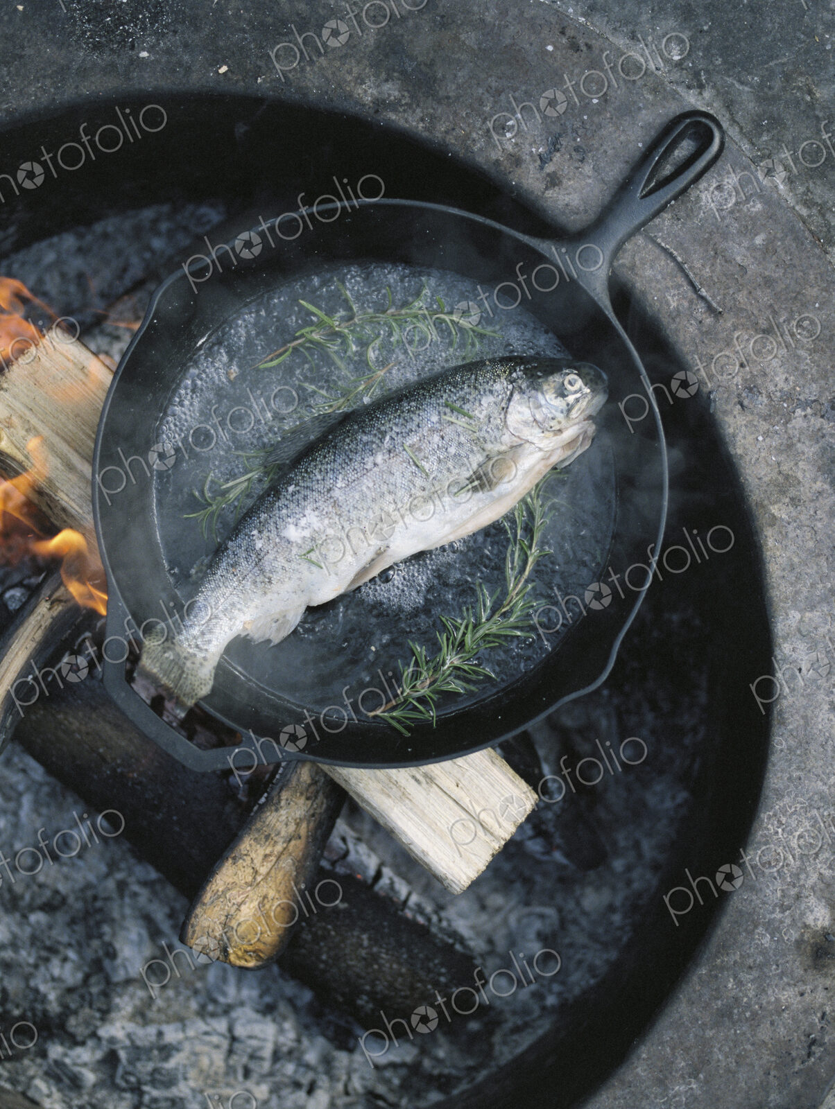 Fish in a frying pan over an outdoor fire.