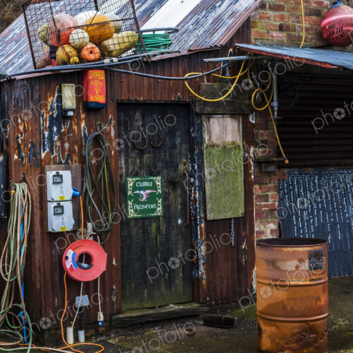 Fishing hut in the harbour of Porthgain, Pembrokeshire, Wales, UK.