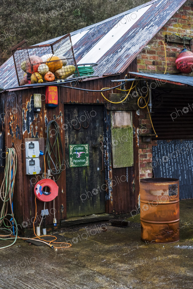 Fishing hut in the harbour of Porthgain, Pembrokeshire, Wales, UK.