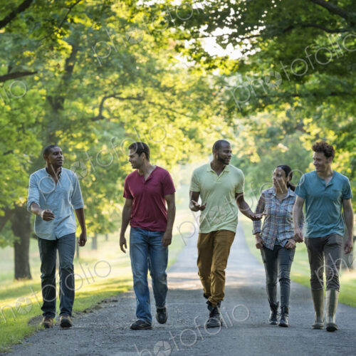 Five people walking down a tree lined avenue in the countryside. Five people walking down a tree lined avenue in the countryside.