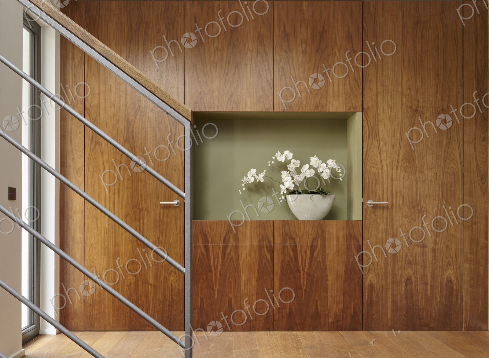 Flowers and walnut wall covering in home