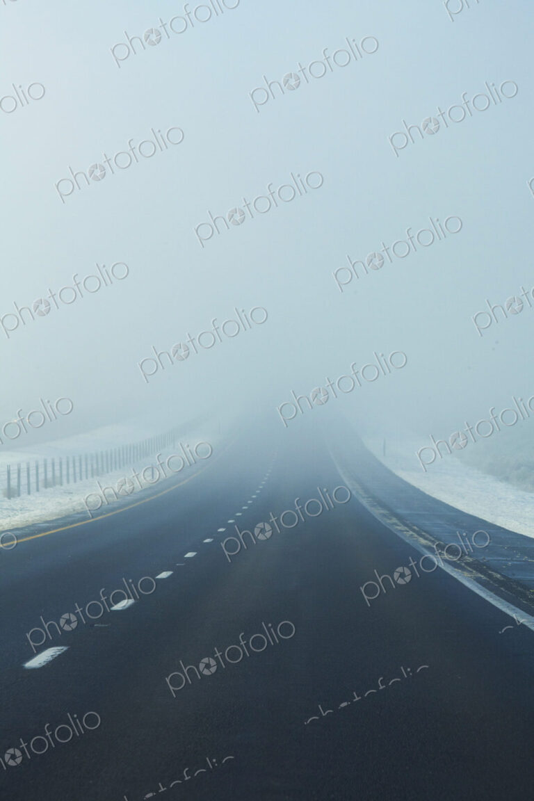 Fog on the highway, a road disappearing into the white mist.