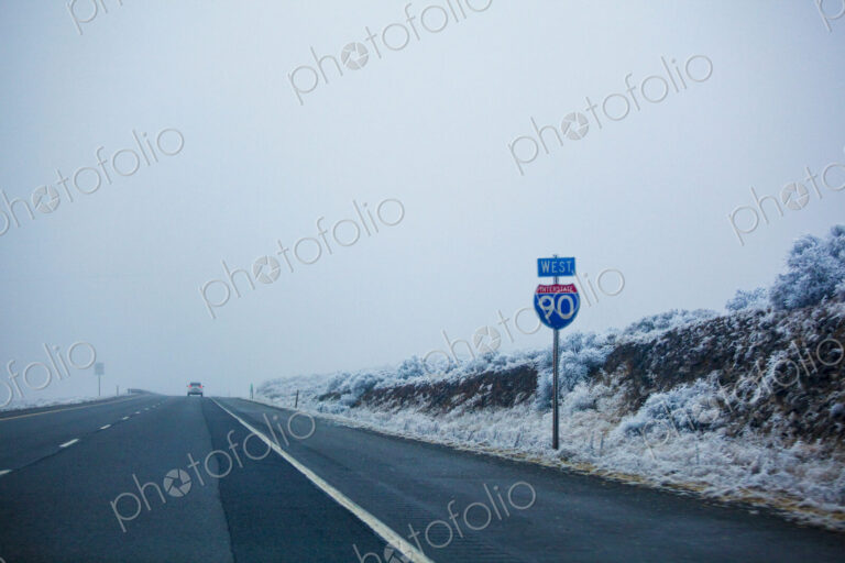 Foggy winter highway, Interstate 90, the road ahead.