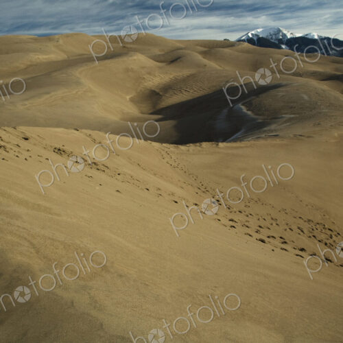 Footprints on a sand dune in the Great Sand Dunes National Park, with snowcapped Mount… Footprints on a sand dune in the Great Sand Dunes National Park, with snowcapped Mount…