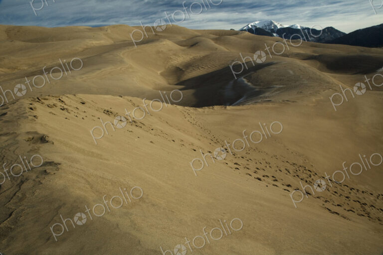 Footprints on a sand dune in the Great Sand Dunes National Park, with snowcapped Mount…