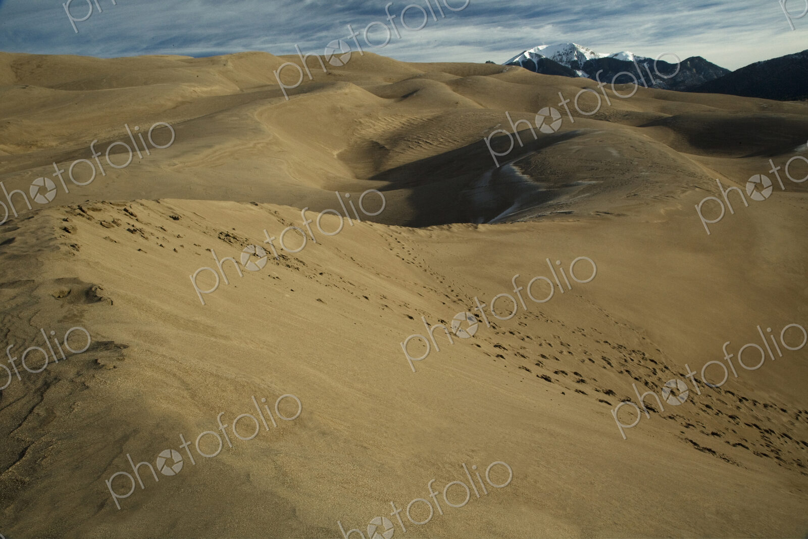Footprints on a sand dune in the Great Sand Dunes National Park, with snowcapped Mount…