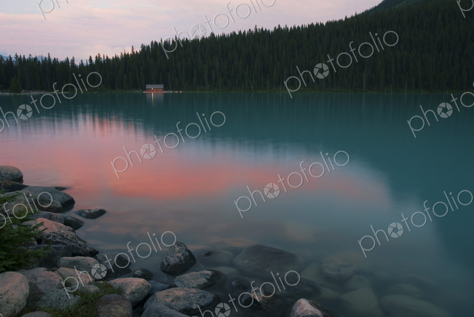 Forest treetops reflecting in still remote lake