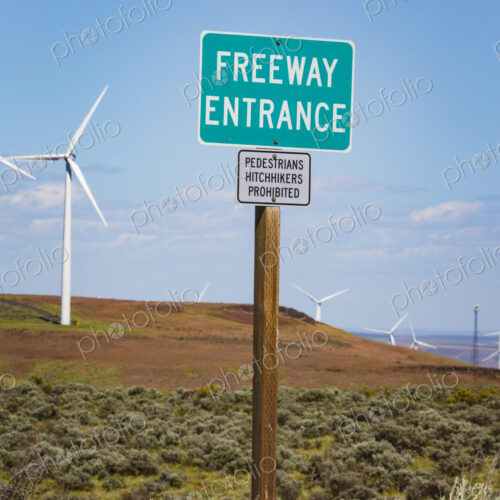 Freeway Entrance road signs along the roadside in the rolling landscape of Kittikas… Freeway Entrance road signs along the roadside in the rolling landscape of Kittikas…