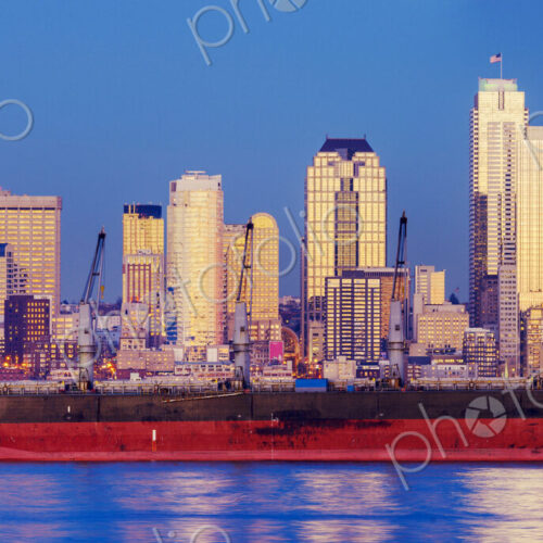 Freighter near cityscape, Seattle, Washington, United States