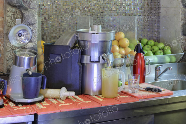 Fresh fruit juice making corner in bar.