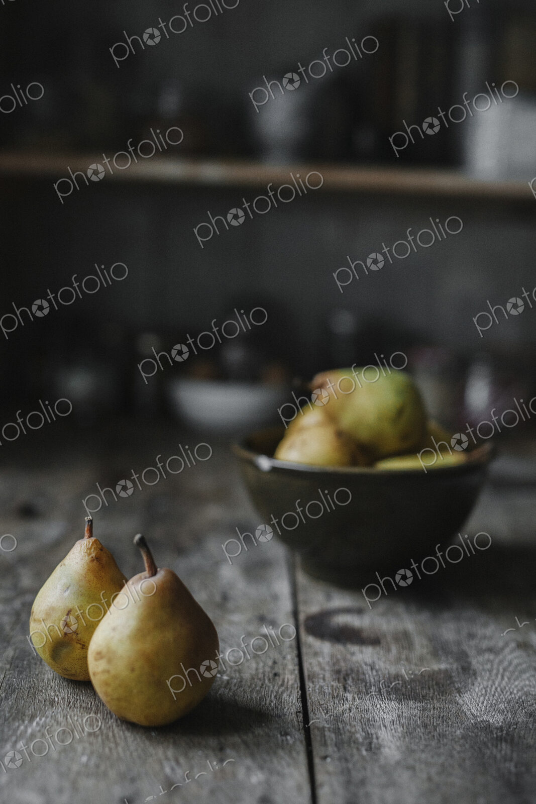 Fresh pears on a kitchen table.