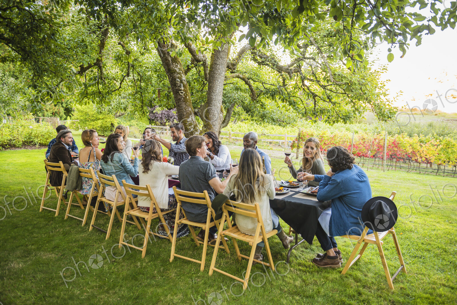 Friends enjoying wine at party outdoors