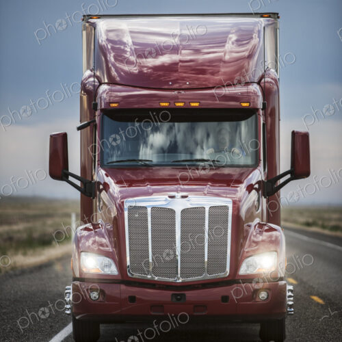 Front view of the cab of a commercial truck on the highway. Front view of the cab of a commercial truck on the highway.