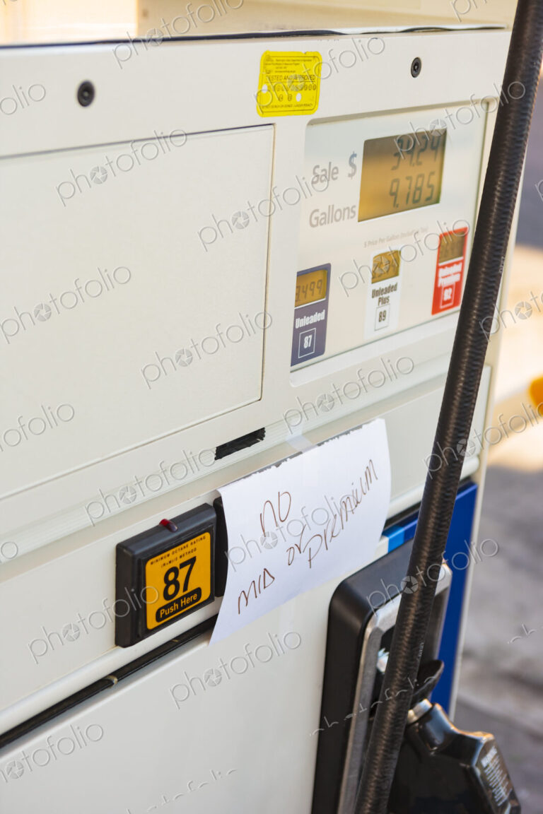 Fuel pump with sign warning of no fuel available, USA