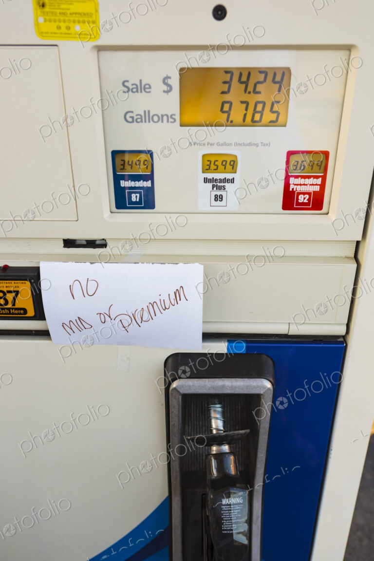 Fuel pump with sign warning of no fuel available, USA
