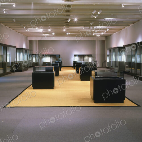 Gallery space and podiums, an empty art gallery with exhibition cases.