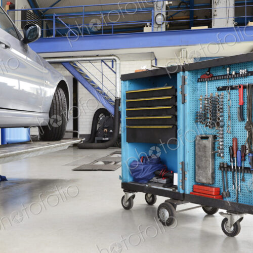 Garage with tool cart.