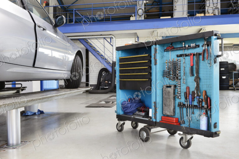 Garage with tool cart.
