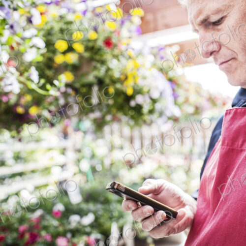 Garden center nursery caucasian male owner checking a note on his phone in the nursery.