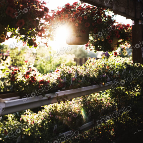 Garden center nursery displays of flowering plants in early morning light. Garden center nursery displays of flowering plants in early morning light.