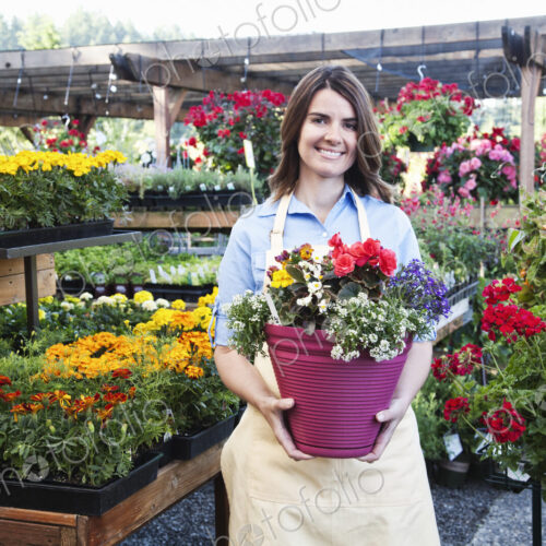 Garden center nursery employee with potted plants.