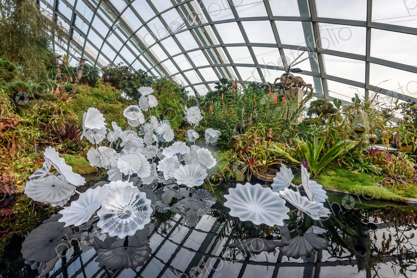 Gardens by the Bay, Singapore, glass roof and walls, glass flower shapes and a water…