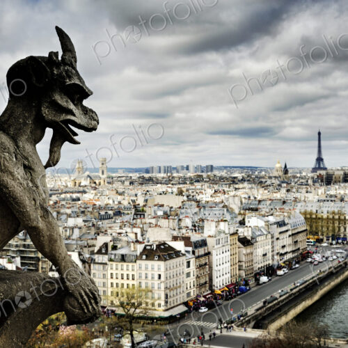 Gargoyle sculpture over Paris cityscape, Ile-de-France, France